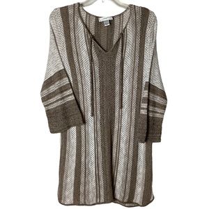 CJ Banks Stripe Knit Tunic Top Bell Sleeves Browns & White Size 1X